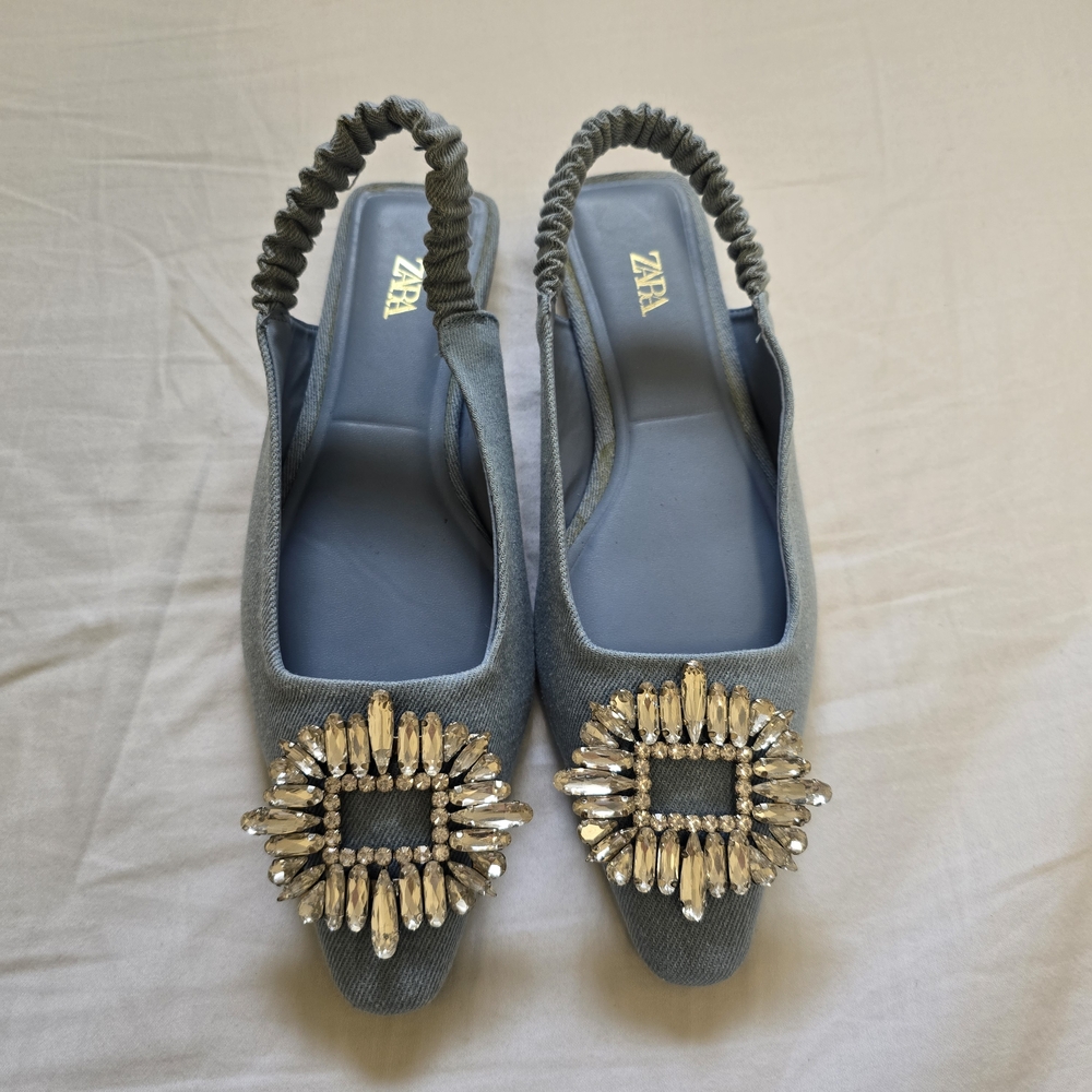 Zara Blue Embellished Denim Slingback Flats - Size 36